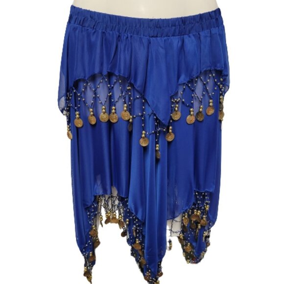 Kids or Teens Dance Skirt Blue Sheer Party Skirt with Gold Beads and Coins - Picture 4 of 6